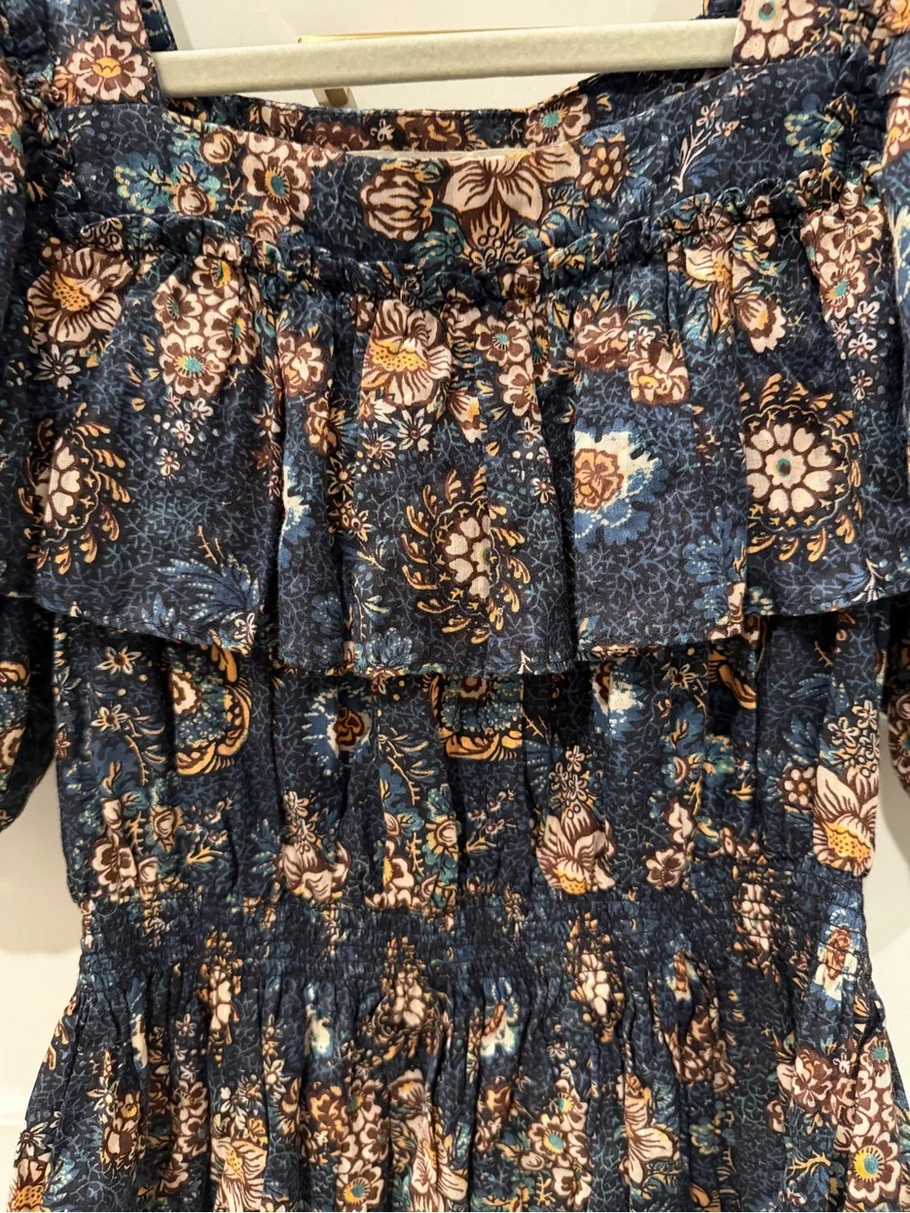 Ulla Johnson Navy Floral Puff Sleeve Smocked Top